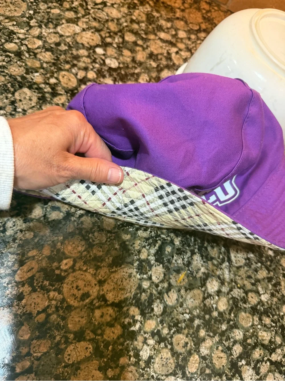 ACU reversible Purple Bucket Hat with Mascot Logo and patterned on other side